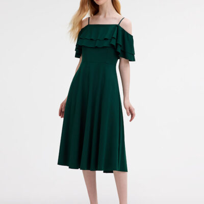 Off Shoulder Ruffle Trim Knitted Midi Dress