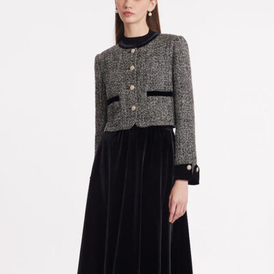 Tweed Crop Jacket And Velvet Skirt Two-Piece Set