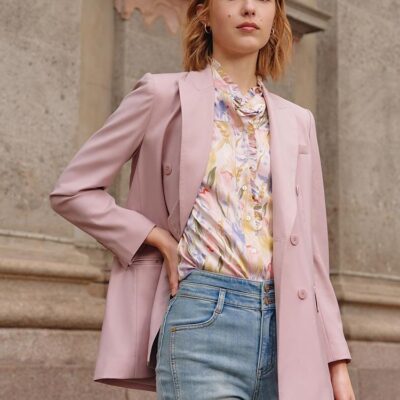 Pink Double-Breasted Worsted Woolen Blazer