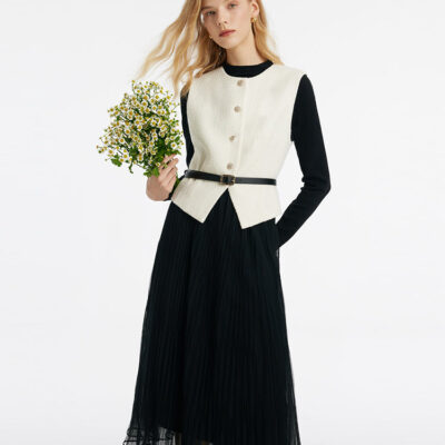 Sheath Sweater And Tulle Skirt And Vest Three-Piece Set With Belt