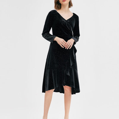 Black V-Neck Ruffled Velvet Midi Dress