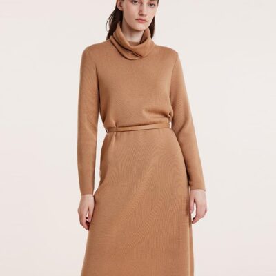 Pure Wool Knitted Dress With Scarf And Leather Belt