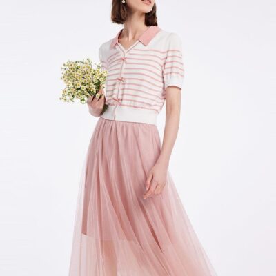 Knitted Women Cardigan And Tulle Skirt Two-Piece Set