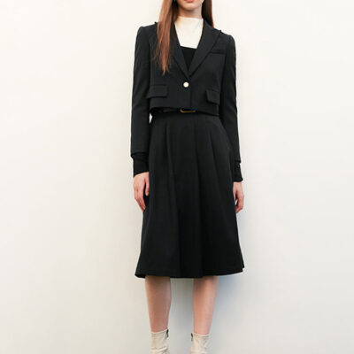 Wool Crop Blazer And Pleated Half Skirt Two-Piece Suit