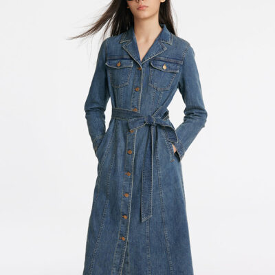 Denim Lapel Single-Breasted Women Midi Dress With Belt