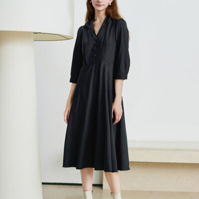 Black Worsted Woolen Lapel Maxi Dress