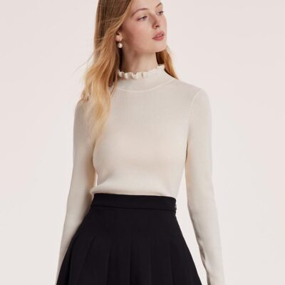 Machine Washable Wool Ruffle Turtleneck Women Sweater