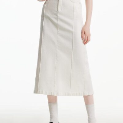 Split White Denim Long Skirt With Belt