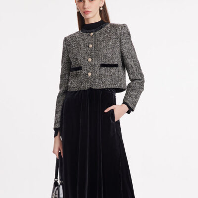 Single-Breasted Tweed Jacket And Velvet Skirt Two-Piece Set