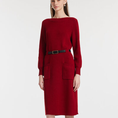 Slash Neck Knitted Women Midi Dress With Belt