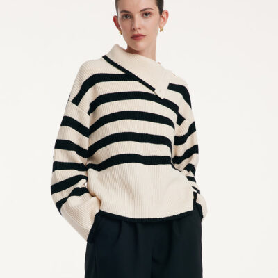 Thermostatic Wool Loose Striped Button-Shoulder Sweater