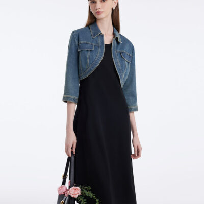 Denim Crop Jacket And Knitted Vest Dress Two-Piece Set