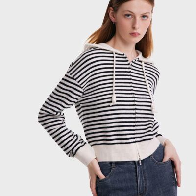 Woolen Striped Hooded Women Cardigan