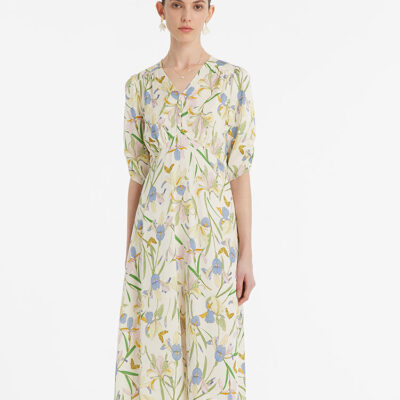 19 Momme Mulberry Silk Iris Printed V-Neck Women Midi Dress With Sleep Mask And Scrunchie