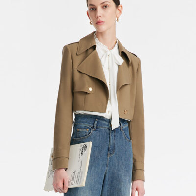 Machine Washable Wool Lapel Women Crop Trench Coat