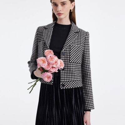 Pure Wool Single-Breasted Houndstooth Women Crop Jacket