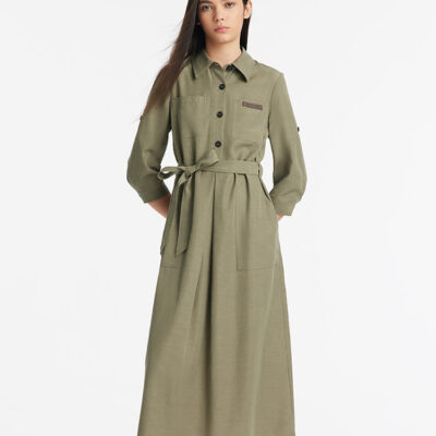 Single-Breasted Lapel Women Midi Dress With Belt And Patch Pockets