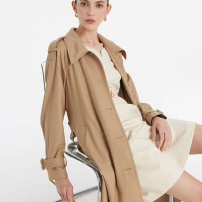 Worsted Wool Lapel Women Trench Coat With Belt