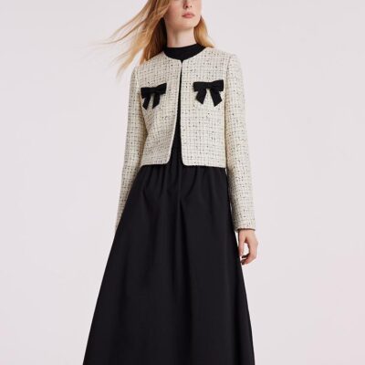 Wool Blend Tweed Short Women Jacket And Long Sleeve Dress Set