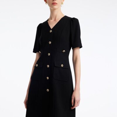 Black Triacetate Button Front Mini Dress