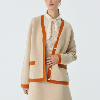 Apricot Woven Lady Cardigan And Skirt Two-Piece Set