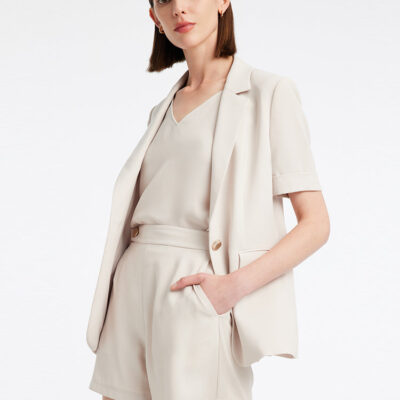 Beige Short Sleeve Blazer And Shorts Two-Piece Suit