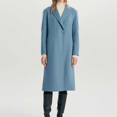 Blue Pure Double-Faced Wool Straight Women Coat