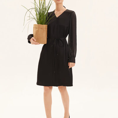 Triacetate V-Neck Long Sleeve Midi Dress