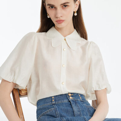 Tencel Puff Sleeves Petal Collared Women Shirt