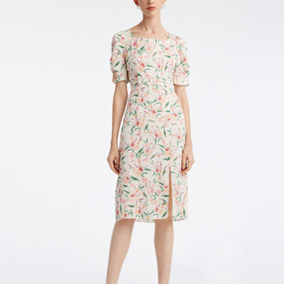 19 Momme Silk Floral Square Neck Midi Dress