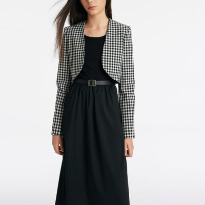 Black And White Check Crop Jacket And Dress Two-Piece Set With Belt