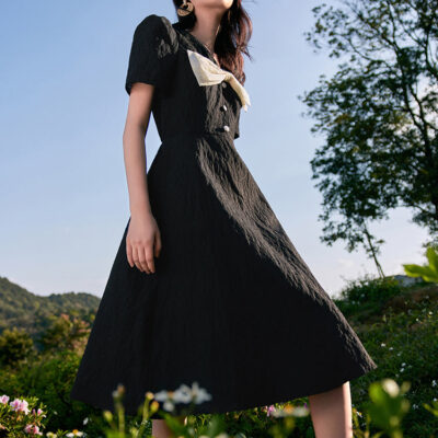 Black Detachable Bowknot Jacquard High Waist Maxi Dress