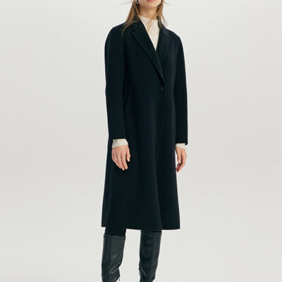 Black Wool And Mulberry Silk-Blend Lapel Collar Women Coat