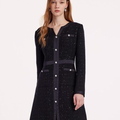 Black Sequins Notched Round Collar Wool Tweed Dress