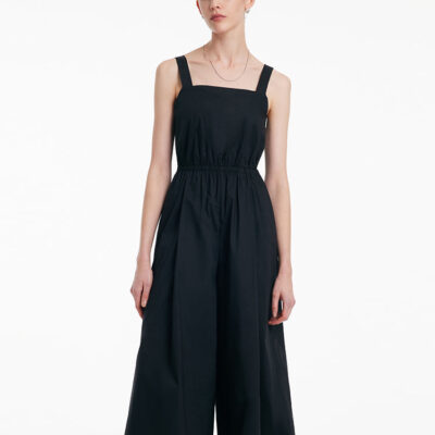 Cotton Strap Gathered Waist Jumpsuit With Detachable Bra Pads