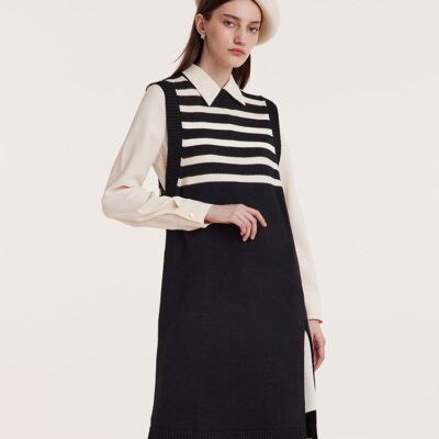 Women Shirt Dress And Striped Vest Two-Piece Set