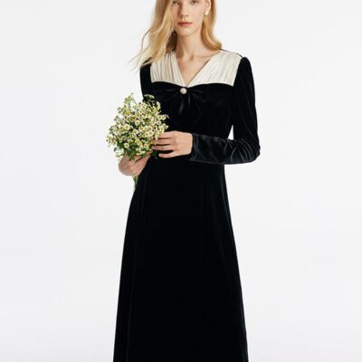 V-Neck Slim Velvet Women Midi Dress With Bowknot