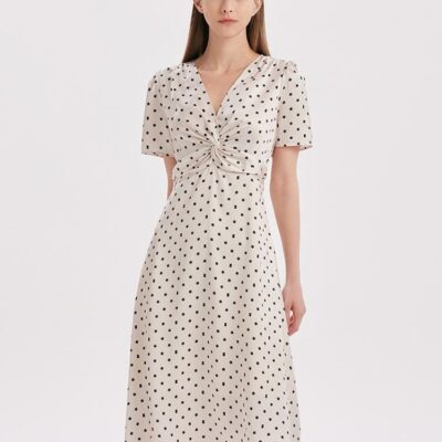 Beige Combo Print V-Neck Twisted Polka Dot Midi Dress