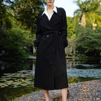 Black Triacetate Mid-Length Trench Coat