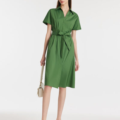 Lapel V-Neck Women Midi Shirt Dress With Belt