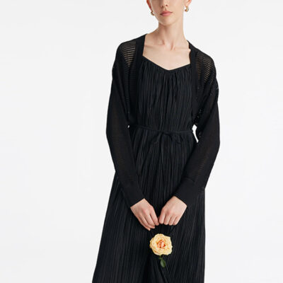 Pleated Spaghetti Strap Midi Dress And Knitted Openwork Cardigan Two-Piece Set