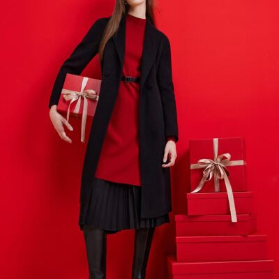 Mock Neck Long Sweater And Wool Pleated Skirt Two-Piece Set