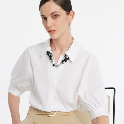 Puff Sleeves V-Neck Women Shirt With Silk Scarf