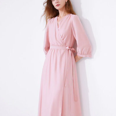 Pink V-Neck Lace Up Wrap Midi Dress