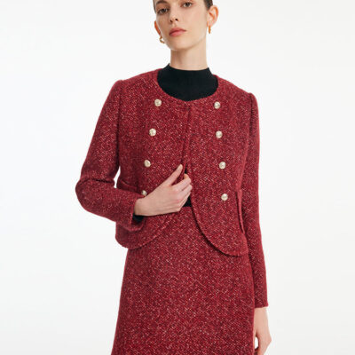 Red Double-Breasted Tweed Crop Women Jacket