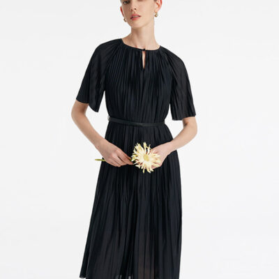 Pleated Round Neck Women Midi Dress With Leather Belt