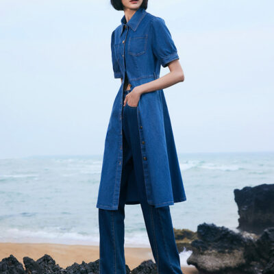 Tencel Denim Shirt Midi Dress With Belt