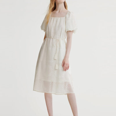 Square Neck Embroidered Midi Dress With Belt