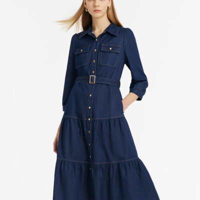 Denim Gathered Waist Women Midi Dress With Belt