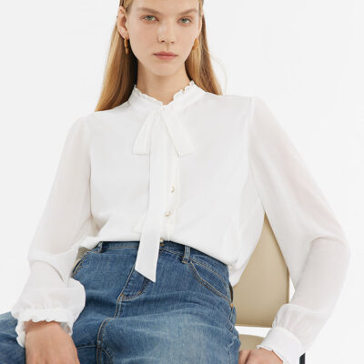 Bow Tie Ruffle Collar Women Shirt